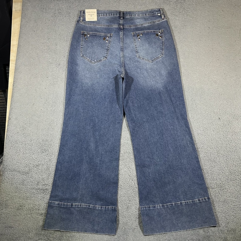 Nicole Miller Amsterdam Mid Rise Wide Leg Blue Jeans Womens 32 Studded #3889 - Picture 4 of 10